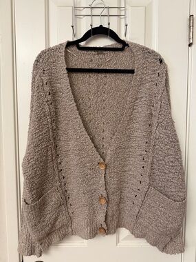 Free People Taupe Bouclé V-Neck Button Cardigan
